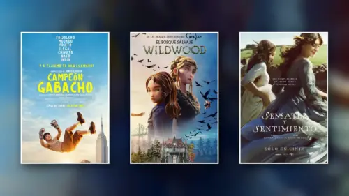 Pósters de Campeón gabacho, Wildwood: El bosque salvaje y Sensatez y sentimiento sobre un fondo cinematográfico