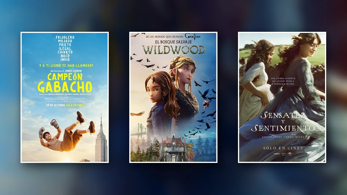 Pósters de Campeón gabacho, Wildwood: El bosque salvaje y Sensatez y sentimiento sobre un fondo cinematográfico