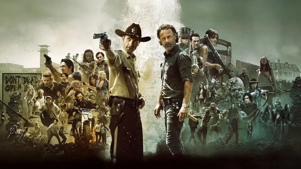 Rick Grimes y el elenco de The Walking Dead frente a caminantes, arte promocional